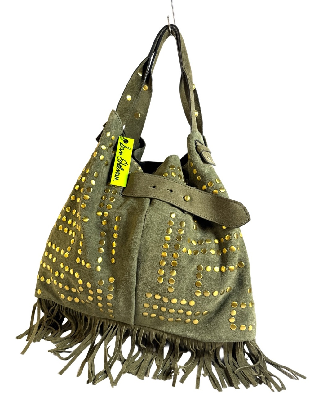 Sam Edelman Olive Green Suede Fringe Hobo with Gold Studs